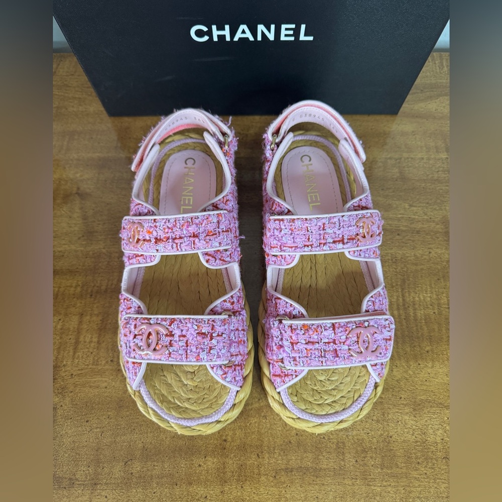 Authentic Chanel Pink Tweed Dad Sandals size 36.5